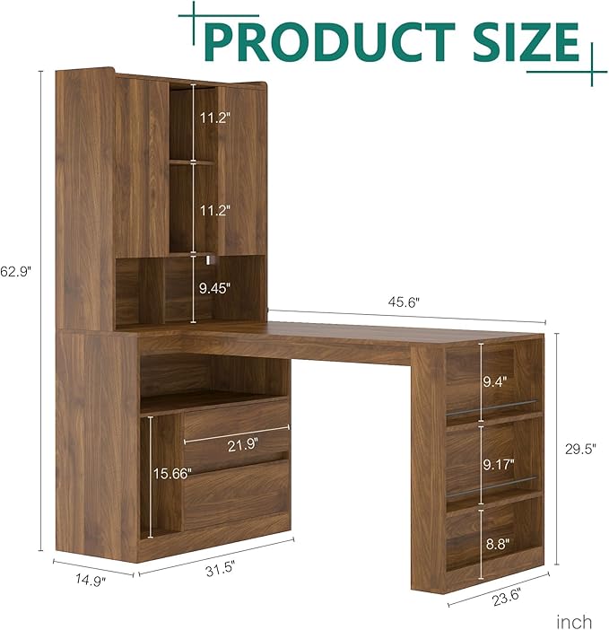 Anwick L Shaped Desk with Hutch Corner Computer Desk with Charging Station &amp Bookshelf &amp File Drawer Standing L Shape Desks for Home Office Bedroom Gaming Room Study Room (Wood-2)