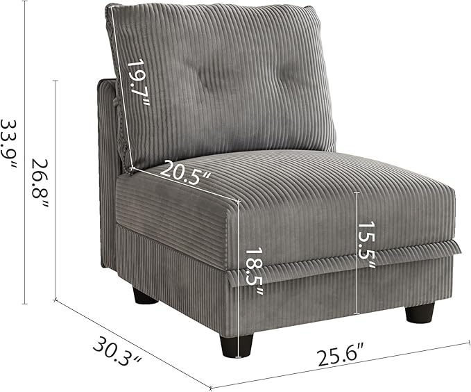 LLappuil Plush Corduroy Separate Module to Extend Sectional Sofa | Armless chair Storage Seat 1 Throw Pillow Free Combination Grey