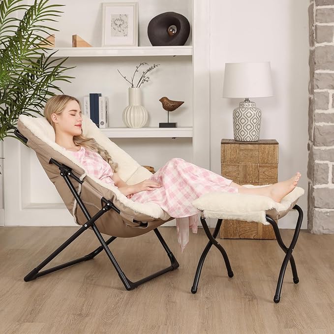Comfy Saucer Chair for Adults Soft Faux Fur Bedroom Chair with Ottoman Accent Dorm Chairs Living Room Reading Chairs and Footstool Folding Seat for Teens X-Large Beige