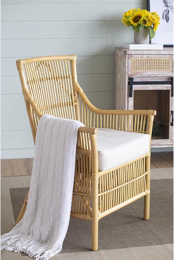 A and B Home 37.8 H Yellow and White Rattan Indoor Arm Chair w/Soft Thick Cushion Traditional Style Chair Side Chair