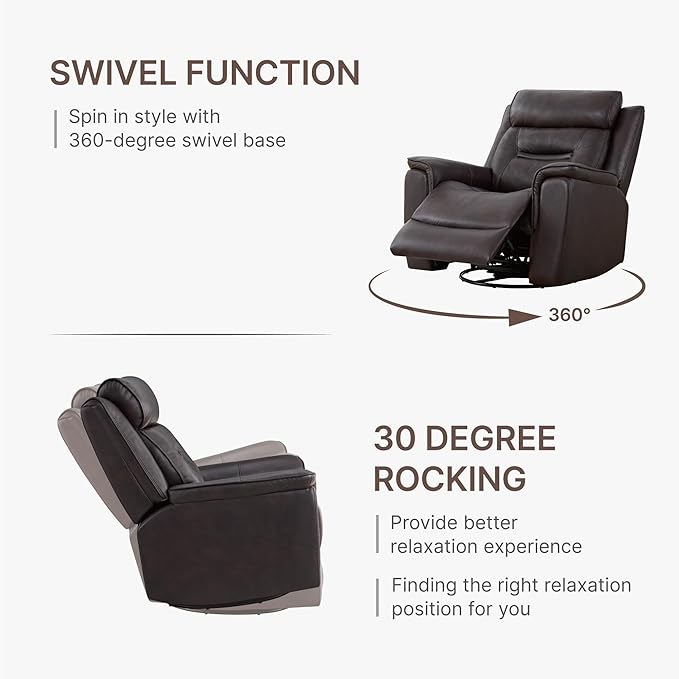 Leather Recliner Chair 360° Swivel Rocker for Adults Manual Rocking Reclining Chair with Adjustable Backrest Footrest for Living Room Bedroom Home Theater Seating