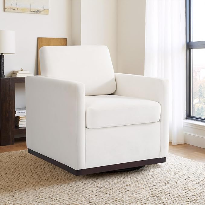 Swivel Accent Chair 360° Swivel Upholstered Club Armchairs for Living Room 31 Wide Square Single Sofa Reading Chair with Deep Seat Metal Swivel Base Chenille Fabric Beige