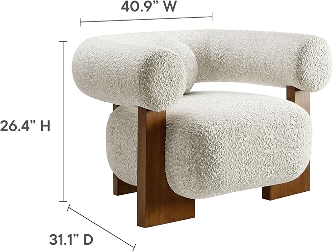 Modway Jace Boucle Fabric Accent Chair in Pearl - Upholstered Barrel Chair with Pillow - Comfy Lounge Armchair with Curved Back and Wood Legs - Soft Teddy Club Chair for Living Room or Bedroom