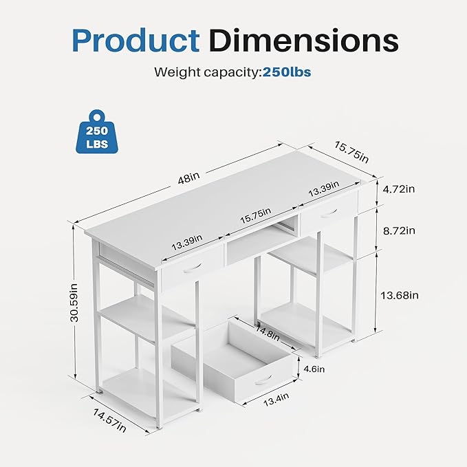 OLIXIS Desk with Storage Fabric Drawers-48 Inch Home Office Computer Desk for Small Space BedroomModern Study Work Gaming Writing Table PC DesksChic White