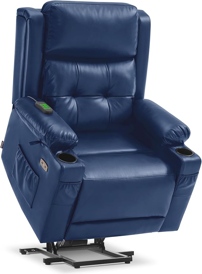 MCombo Large Triple Motor Power Lift Recliner Chair with Massage and Heat for Elderly People Adjustable Headrest Infinite Position USB Ports Faux Leather 7662 (Blue Large)