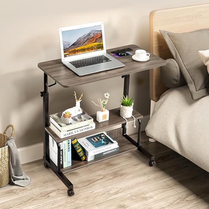 Mobile Rolling Computer DeskWooden Adjustable Height Portable Laptop DeskHome Office Laptop WorkstationSofa Bedside Laptop Tablewith Power Outletsfor Small Spaces Bedroom Apartment (Grey)
