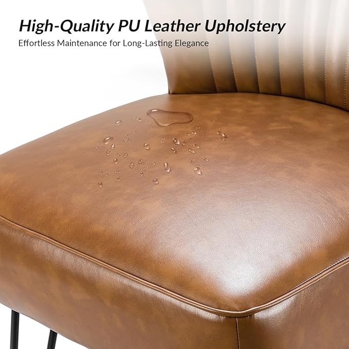 HULALA HOME Faux Leather Accent Chair with Metal Base Mid Century Modern Living Room Chair Comfy Upholstered Armless Side Chair for Bedroom Office Camel