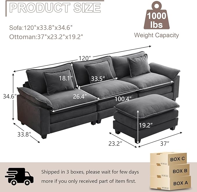 Modular Sectional Sofa Cloud Couch with Ottoman Deep Seat L Shaped Velvet Sofa Couches for Living Room Apartment (Dark Grey L Shaped-3 Seat &amp Ottoman)