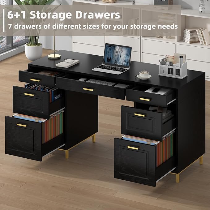 Black Computer Desk with 7 Drawers 57 Inch Home Office Desk with File Drawers Wood Modern Desk with Storage for Bedroom Executive Desk with Golden Legs and Handles Black and Gold