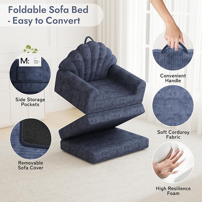 2-in-1 Folding Sofa Bed with Back Support 75 D x 34 W Convertible Futon Sleeper Chair for Adult Fold Out Bean Bag Floor Foam Lounger Couch for Living Room Bedroom Small Space Navy Blue