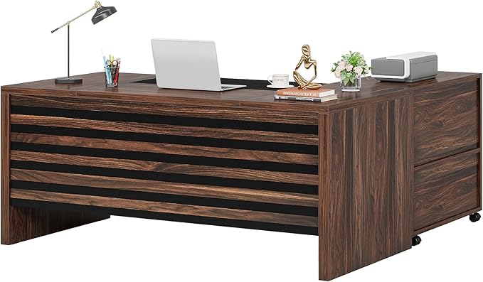 Tribesigns 62.2 Executive Desk with Mobile File Cabinet L-Shaped Office Desk with Storage Shelves Large Computer Table Business Workstation Set for Home Office Dark Brown