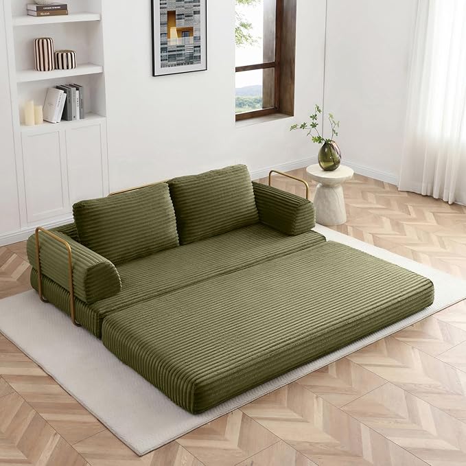HANXIN 80 Inch Convertible Sleeper Sofa Bed High Back Plush Corduroy Folding Floor Mattress Couch with Fixed-Shape Frame Boneless Futon Loveseat with Pull Out Bed No Assembly Required (Green)