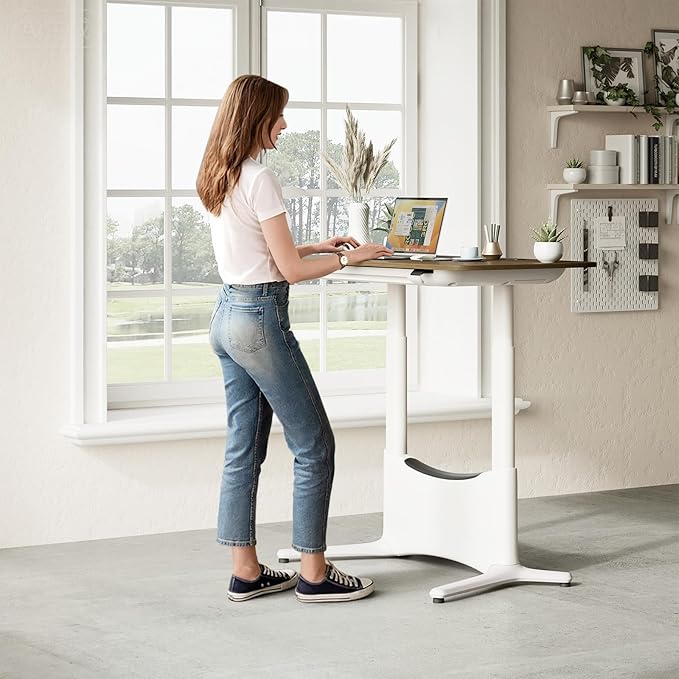 COLAMY Electric Adjustable Standing Desk – 48 x 28 Inch Sit Stand Desk with Drawer &amp Cable Management Dual Motor Lift System Ergonomic Footrest Home Office Table (MFC Desktop Walnut + White)