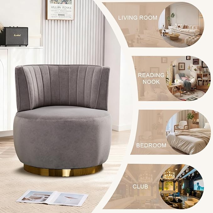 360 Degree Swivel Accent Chair Comfy Round Swivel Barrel Chair with Mental Base Upholstered Cozy Reading Armchairs Modern Lounge Sofa Chairs for Living Room Bedroom Club Office(Velvet Gray)