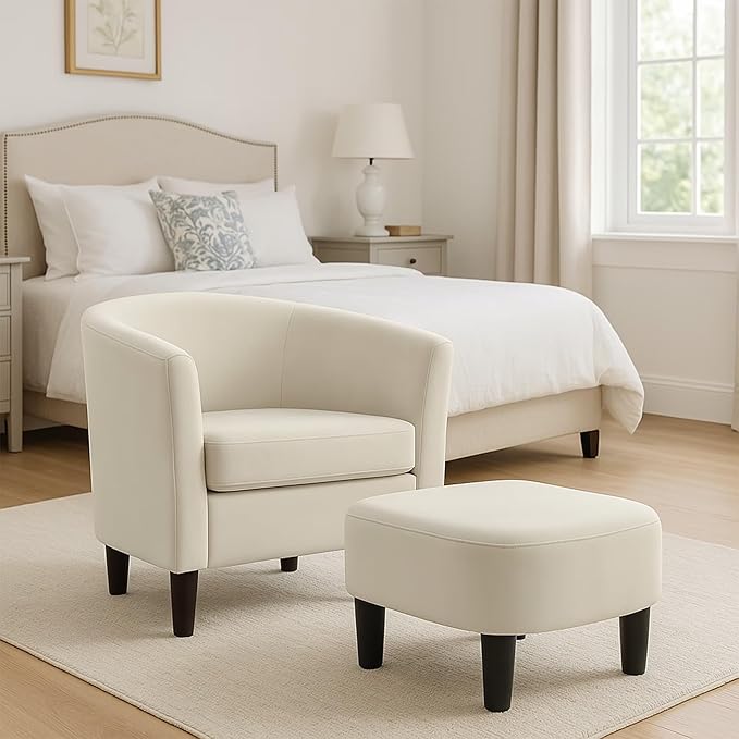 Velvet Accent Chair with Ottoman Modern Barrel Armchair Plush Lounge Chair for Living Room Bedroom Reading Nook 4 Colors (White)
