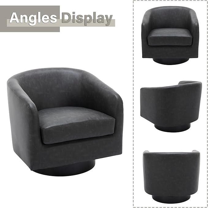 Lumibee Faux Leather Swivel Barrel Chairs Upholstered Comfy Round Swivel Accent Chair 360° Rotation Single Sofa Club Armchair for Living Room Reading Room Bedroom Black