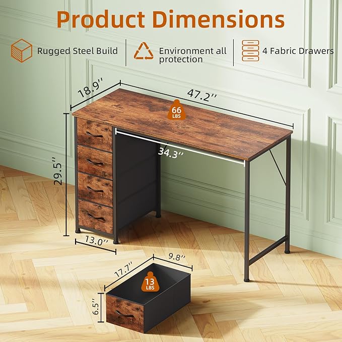Somdot 47 Computer Desk with 4 Drawers for BedroomSimple Home Office Writing DeskGaming Table with StorageModern Work for Home Office Study Living RoomWood Grain Print