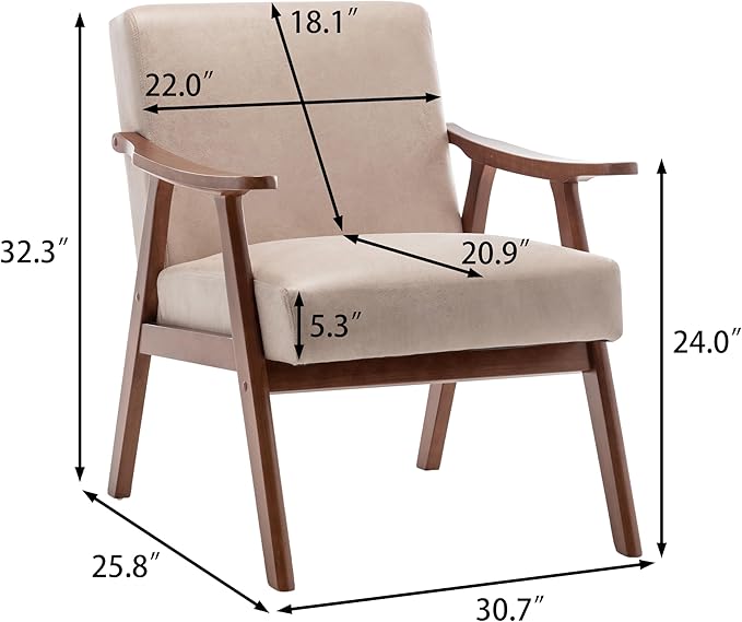Mid-Century Modern ChairUpholstered Armchair Living Room Chair with Solid Wood Frame Comfy Reading Chairs Lounge Side Chair for Living RoomBedroomBelcony. (Light Camel+Fabric)