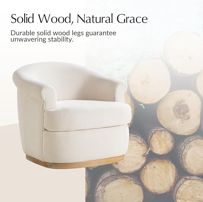 HULALA HOME Swivel Barrel Chair Set of 2 with Rolled Arms Upholstered Fabric Swivel Round Armchair with Removable Cushion Solid Wood Base for Living Room Bedroom Ivory