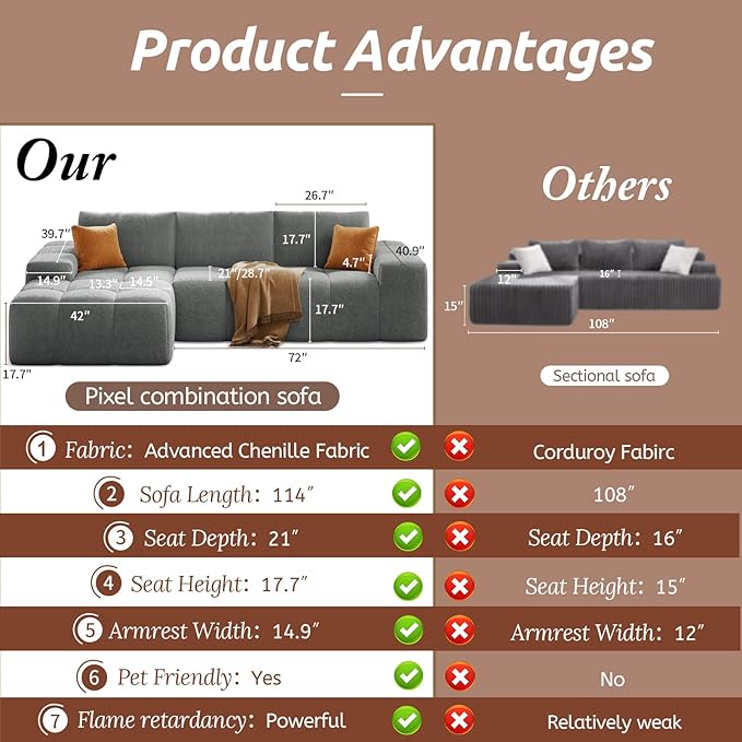 114” Oversized Modular Sectional Couch for Living Room Chenille Boneless Couch L-Shape Cloud Sofa with Deep Seat and Chaise Memory Foam Compressed Sofa for Living Room Furniture Bedroom Apartment