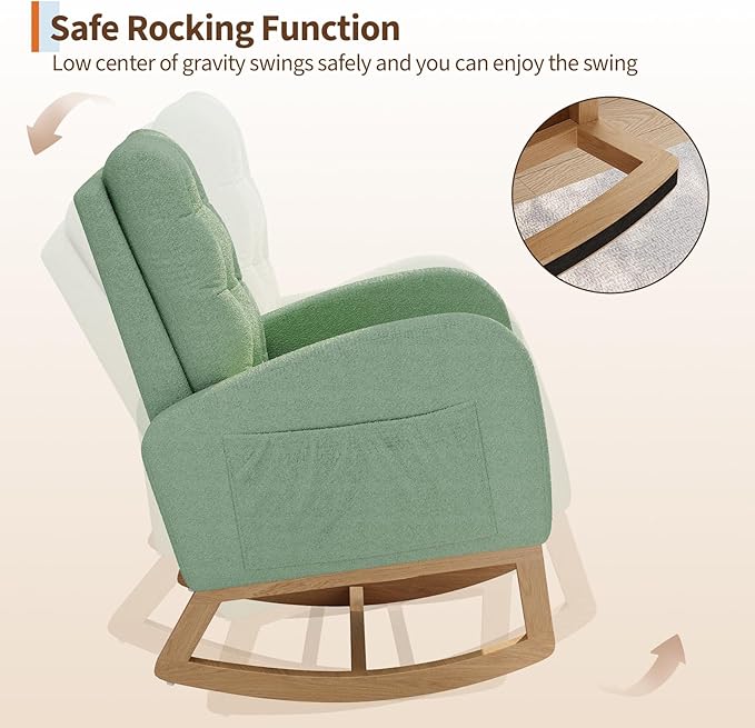GarveeHome Nursery Rocking Chair Teddy Fleece Upholstery Sturdy Wooden Legs &amp High Backrest Comfortable Glider Rocking Chair for Living Room or Bedroom Light Green