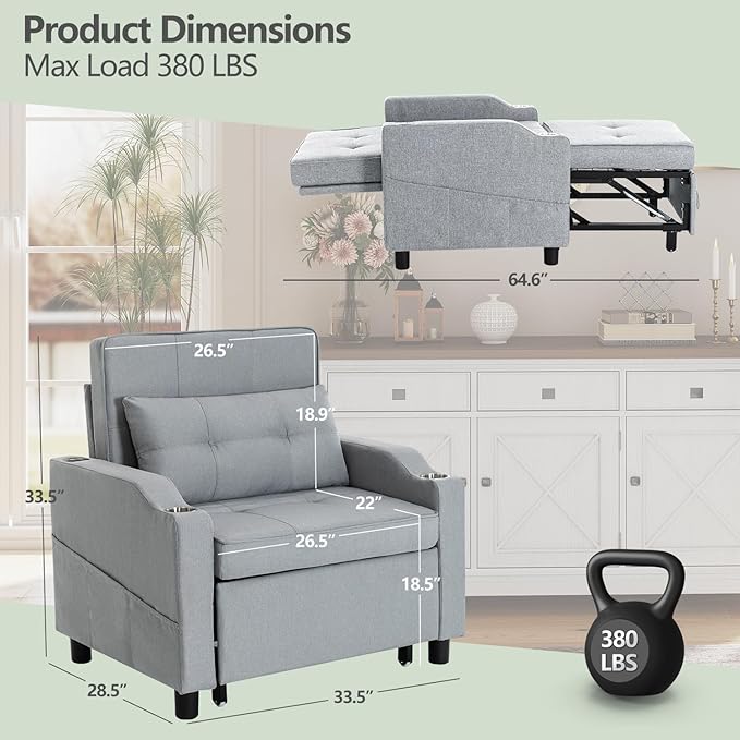 4-in-1 Convertible Sleeper Chair Bed Couch Bed with 5-Level Adjustable Backrest Futon Sofa Bed with USB Port&amp Cup Holder Multi-Functional Chaise Lounge Chair Sleeper Sofas for Living Room