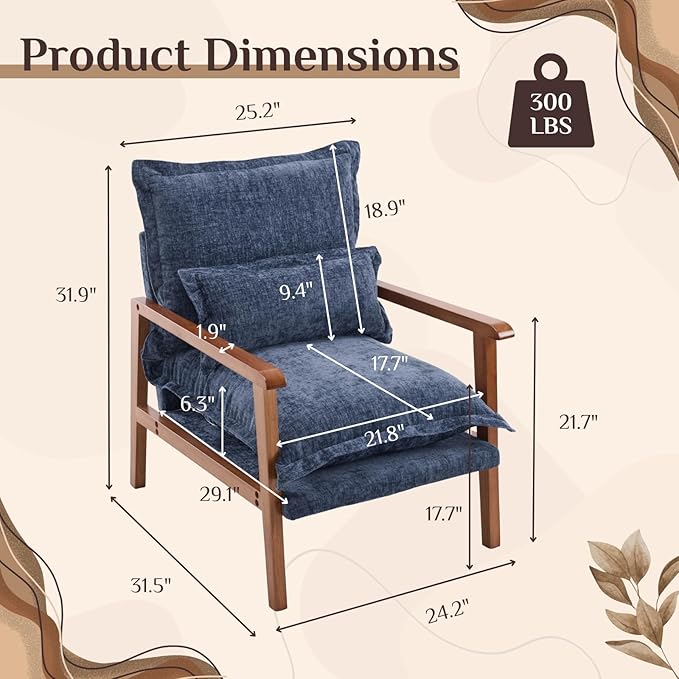 Karl home Midcentury Accent Chair for Living Room Chenille Upholstered Lounge Armchair with Lumbar Pillow Ruffle-Designed Cozy Reading Chair with Wood Legs Dusty Blue