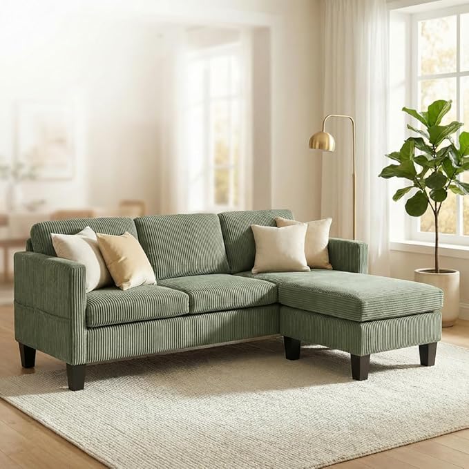 Modern L-Shaped Sofa with Corduroy Fabric 3-Seater Sectional Couch for Small Space Space-Saving Design Easy Assembly (Green)