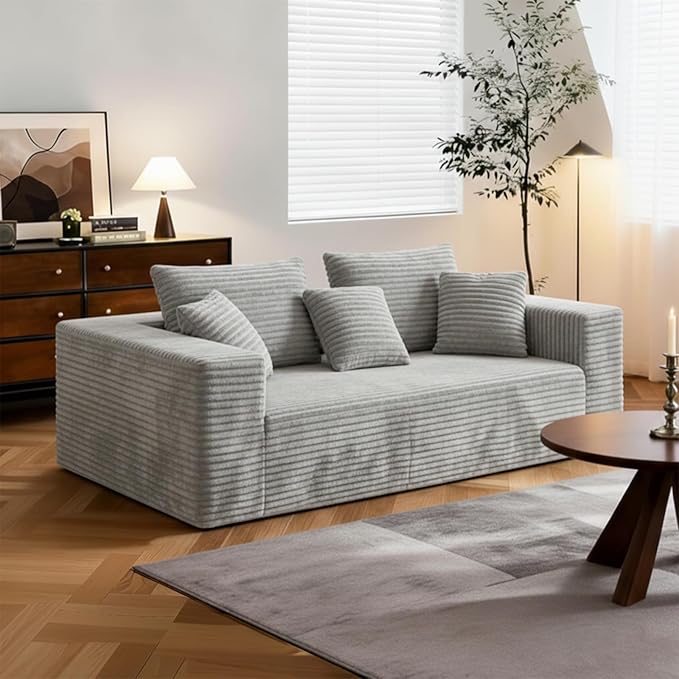 3-Seater Deep-Seat Corduroy Lounge Sleeper Sofa No Assembly Frameless Foam Cloud Couch Comfy Plush for Living Room Bedroom Apartment Dorm Office（Light Gray）