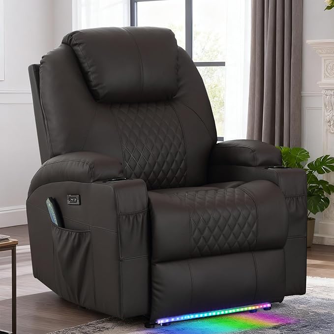 Power Recliner Chair with Heat and Massage for Adults - Home Theater Seating with LED LightsCup HoldersSide PocketUSB Port - Recliner Sofa for Living Room