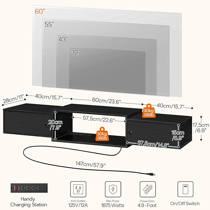 HOOBRO 55 Floating TV Stand with Power Outlets Modern Wall Mounted Media Console Shelf with Doors Entertainment Center for Under TV Storage for Living Room Bedroom Black BK11UDS01