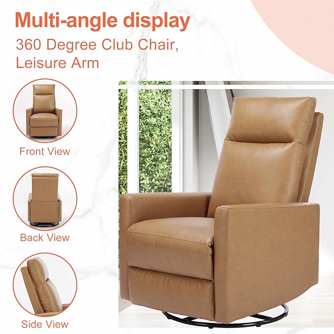 Sweetcrispy Recliner Chair 360 Swivel Rocker Chair for Adults Glider Rocker Recliners Nursery Chairs for Living Room High Back Upholstered Deep Seat Classical Brown