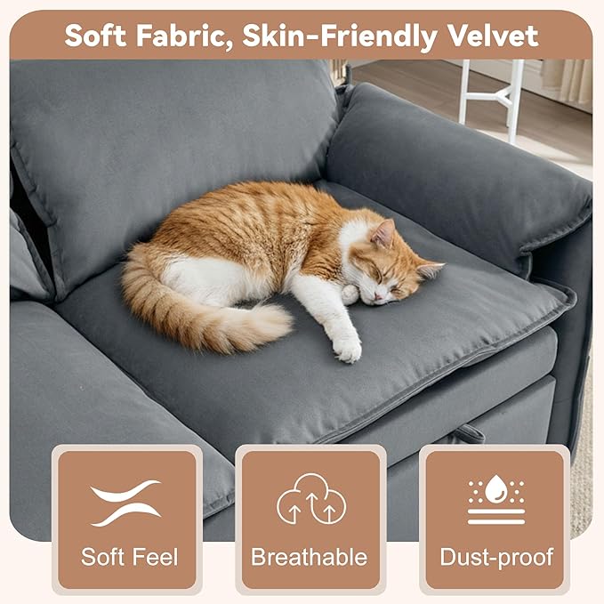 63 Velvet 3 in 1 Convertible Sleeper Sofa Bed Pull Out Couch Bed Loveseat with Adjustable Backrest Chaise Lounge USB Port &amp Side Pocket Modern Sofa for Living Room Small Spaces Gray