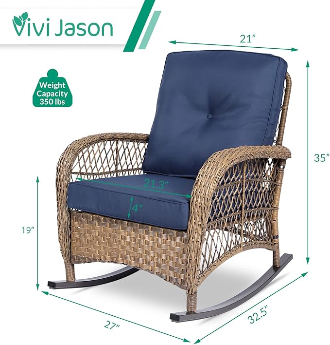 VIVIJASON 2 Piece Patio Wicker Rattan Rocker Chair Outdoor Rattan Rocker Chair with Cushions &amp Steel Frame All-Weather Rocking Lawn Wicker Furniture for Garden Backyard Porch (Navy Blue)