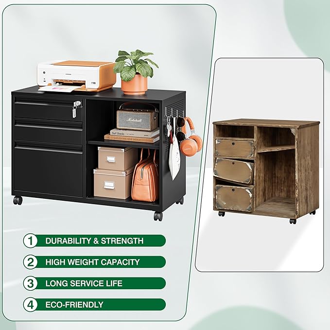 3 Drawer File Cabinet with LockMobile Lateral Filing Cabinet with Side Hook for Letters/Legal/A4 Metal Printer Stand Storage Cabinets with Shelves for Home Office(Black)
