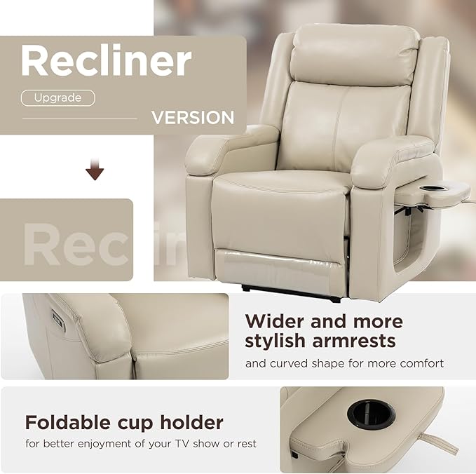 Faux Leather Power Recliner Chairs for AdultsClassic and Traditional Recliners with Arms and Back Electric Recliner Chair with Cup Holders &amp Charging Port Beige