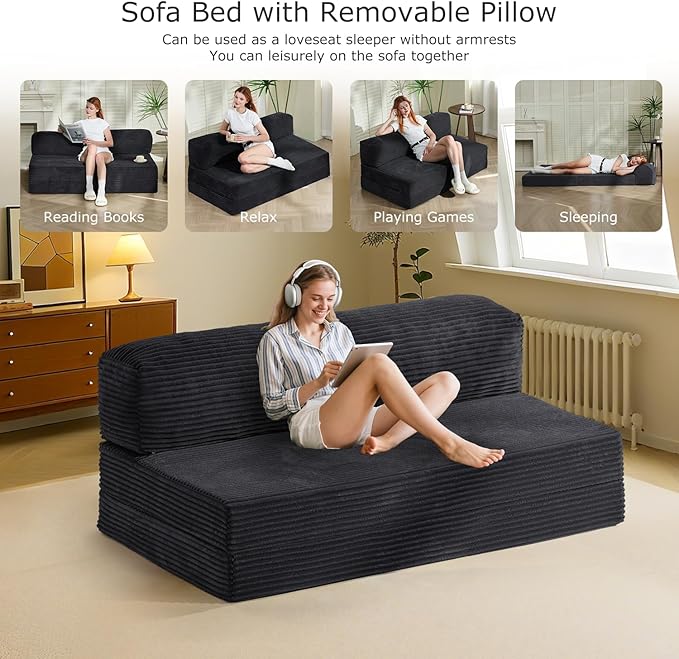 6-inch Folding Mattress Convertible Sofa Bed Foldable Floor Mattress Sleeping Couch with Removable Corduroy Cover &amp Carry Handles High-Density Foam Guest Bed Mattress (Black Queen)