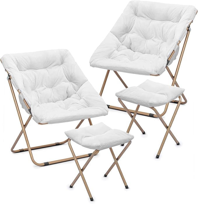 Cozy Saucer Chair Living Room Chair Faux Fur Soft Thick Padded Folding Chair Comfortable Square Moon Chair for Living Room Bedroom Reading Nook Modern Style 2 Pack White