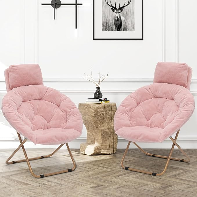 Comfy Saucer Chair Set of 2 with Headrest Large Cozy Metal Frame Cozy Lounge Lazy Chair Folding Faux Fur Round Saucer Chair for Adults Foldable Papasan Moon Chair