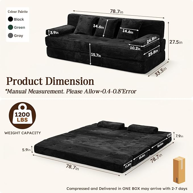 78.7IN Folding Sofa Bed - Convertible Sleeper Sofa Couch with Removable Pillows 3 Seater Couches Bed for Living Room Bedroom Apartment No Assembly Required Freestanding Corduroy Black