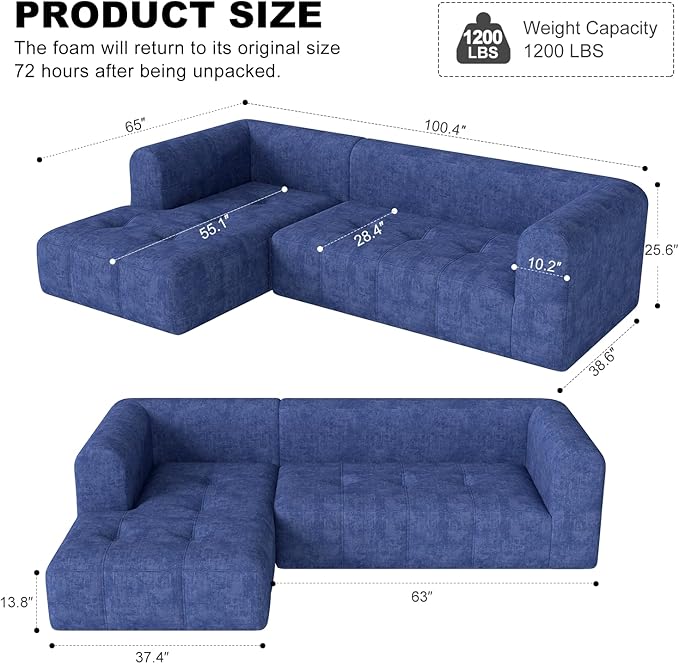 105 Modular Sectional Sofa Boneless Couch for Living Room Cloud Sectional Couch with Deep Seat L-Shape Sofa Upholstered Couches for Living Room Bedroom No Assembly Required Blue (Slub Fabric)