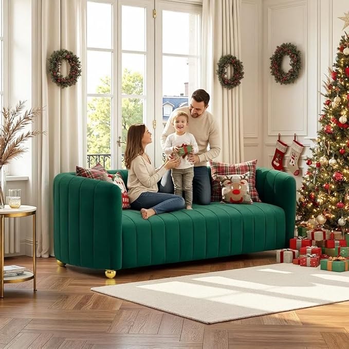 Modern Velvet Loveseat Sofa Couch for Living Room 84 Comfy Upholstered 3 Seater Sofa Couch with Gold Metal Legs &amp 2 Pillows Luxury Sectional Sofa for Bedroom Office Apartment (Green 3 Seaters)