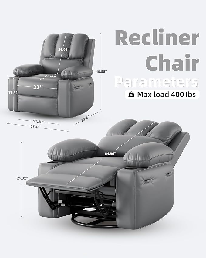 22 in Leather Recliner Chair for Adults Overstuffed Manual Recliner Chair Single Sofa with Cup Holder and Side Pockets Upholstered Chair for Living Rooms Gray
