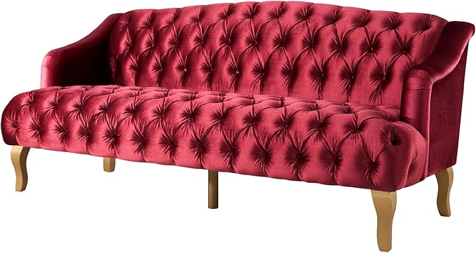 Christopher Knight Home Minxi Velvet Sofa Couch Home Sofa Living Room with Birch Wood Legs Comfort Modern 3 Seater Couch with Button Tufted Diamond Stitch Luxury Chaise Lounge Chair Wine Red