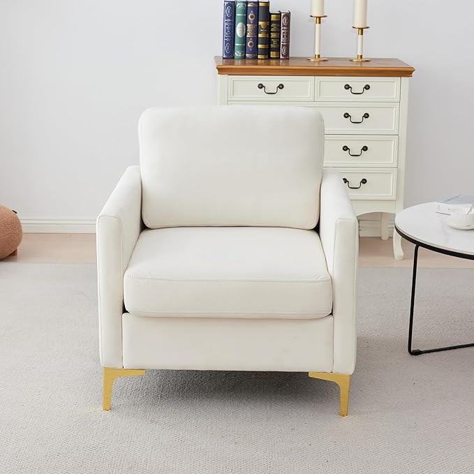 Velvet Accent Chair Upholstered Armchair Modern Single Sofa Chair for Living Room Bedroom Office (Beige)