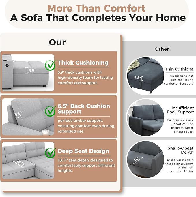 85 inch Large Sleeper Sofa Bed with StorageL Shaped Sectional Couch Bed2 in 1 Pull Out Couches with Convertible ChaiseUSB ChargingCup Holders and Side Pockets Gray