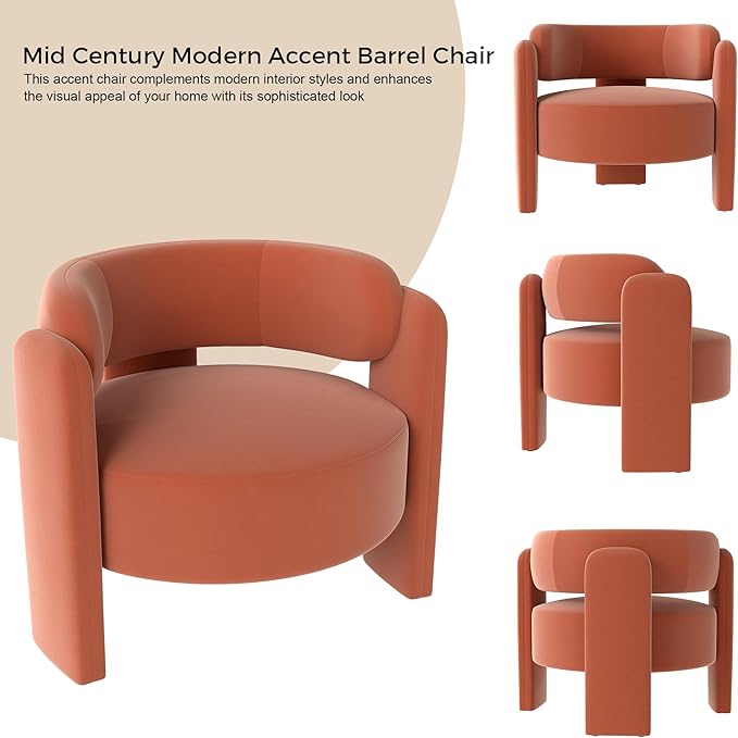 NOBPEINT Mid Century Modern Accent Barrel Chair Round Upholstered Leisure Armchair with Open Back for Living Room Bedroom Apartment Orange