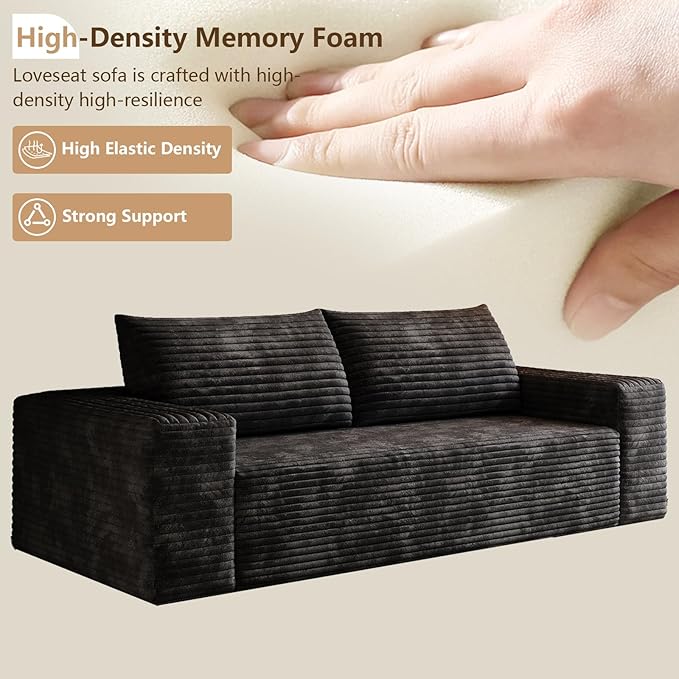 Cloud Loveseat Sofa Modern Corduroy 2-Seater Couch with Deep Seat No Assembly Required Memory Foam Sofa Boneless Sofa in a Box for Bedroom Apartment OfficeSmall Space (Black63in)