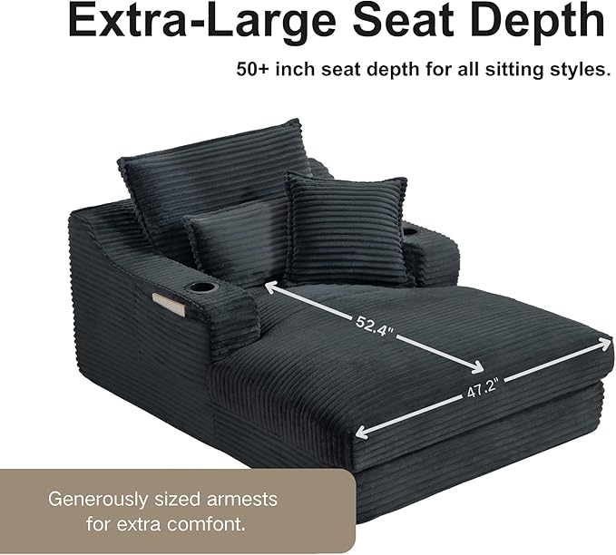 47 Boneless Chair Chaise Lounge: Oversized Comfy Corduroy Upholstered Indoor Couch with Armrets and 3 Pillows for Living Room Bedroom and Apartment Deep Seat Sleeper Sofa Grey