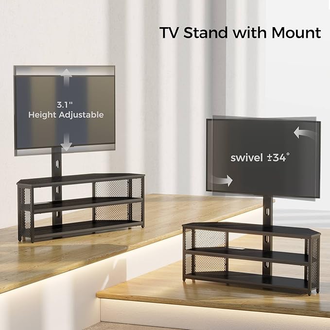 Rolanstar TV Stand with Mount and Power Outlet Swivel TV Stand with LED Lights for 32/45/55/60/65/70 inch TVs Black Entertainment Center Media Console with Height Adjustable Mount